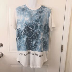 (3/$20) Akademiks blue and white short sleeve t-shirt with rounded hem
